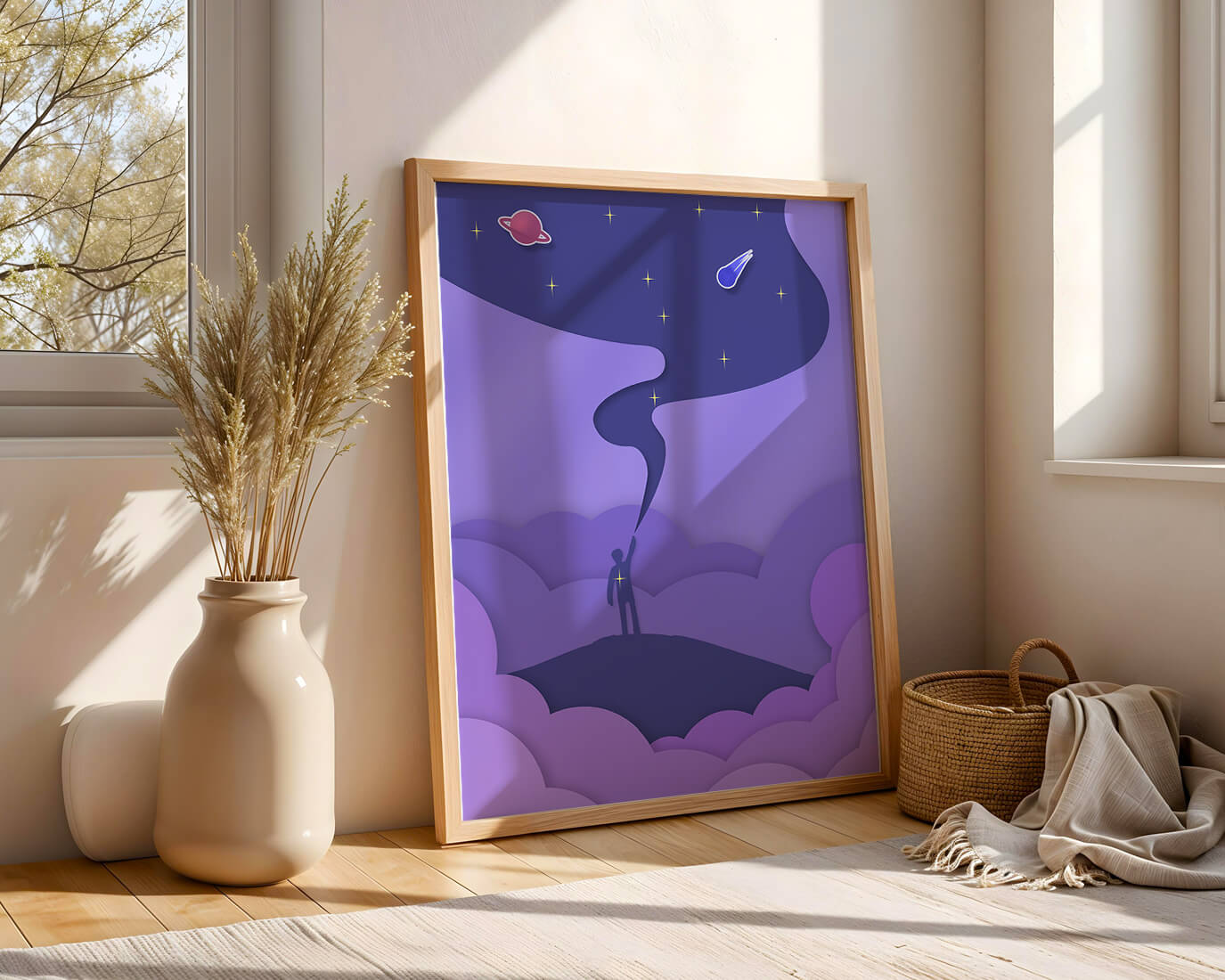 Silhouette in a cosmic landscape with stars and planets