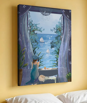 Peaceful Seaside View Through Open Window with Girl and Cat