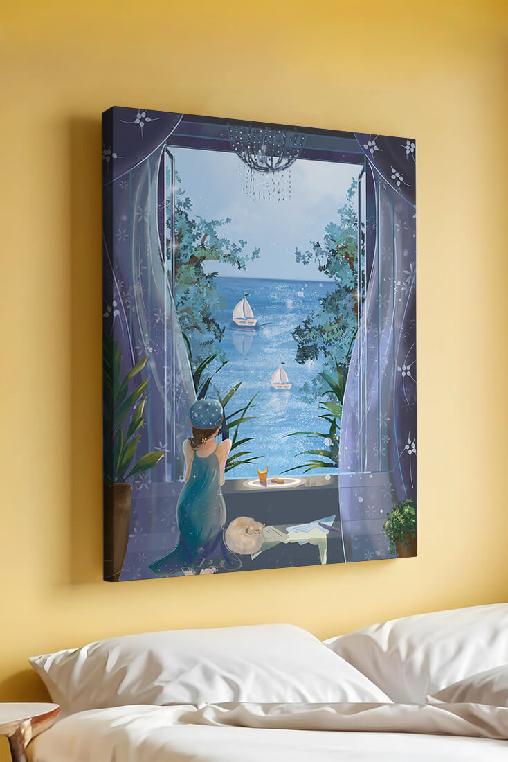 Peaceful Seaside View Through Open Window with Girl and Cat