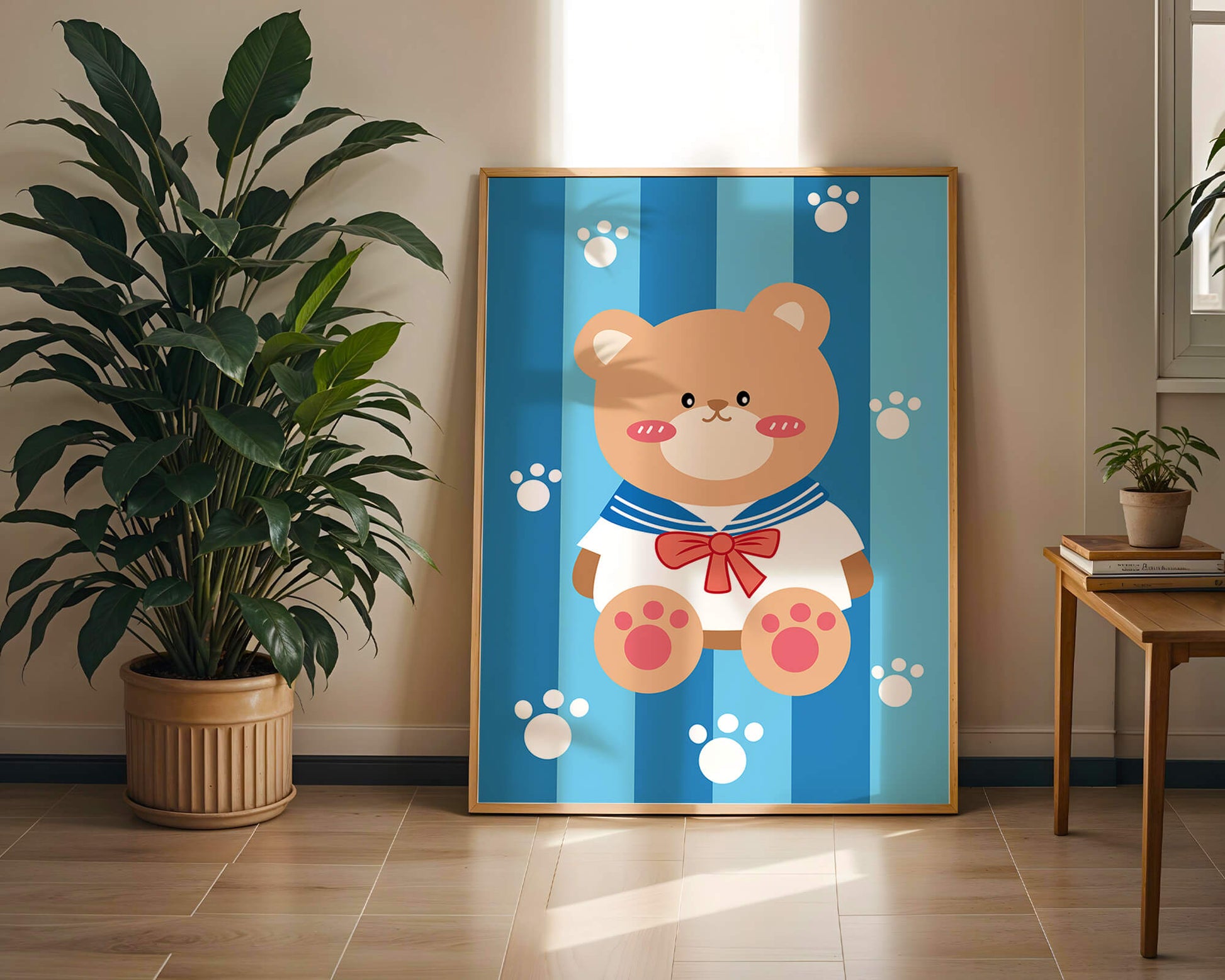 Adorable cartoon bear with sailor suit against striped background