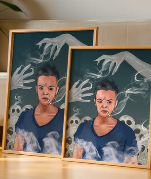 A Person Surrounded by Smoke and Ghostly Hands with Skulls in the Background