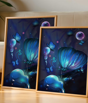 Illuminated Blue Butterflies with Glowing Bubbles in Enchanted Darkness