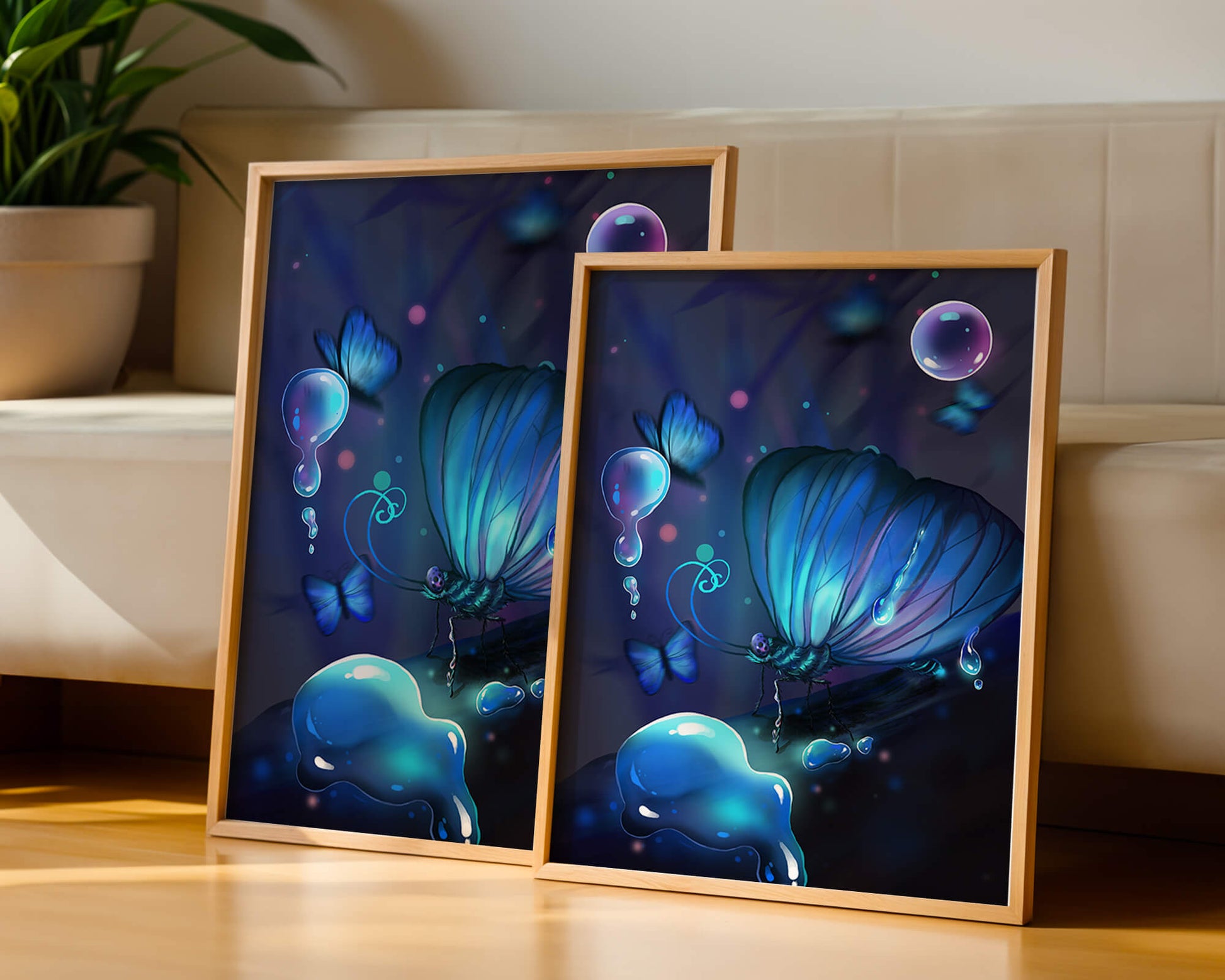 Illuminated Blue Butterflies with Glowing Bubbles in Enchanted Darkness