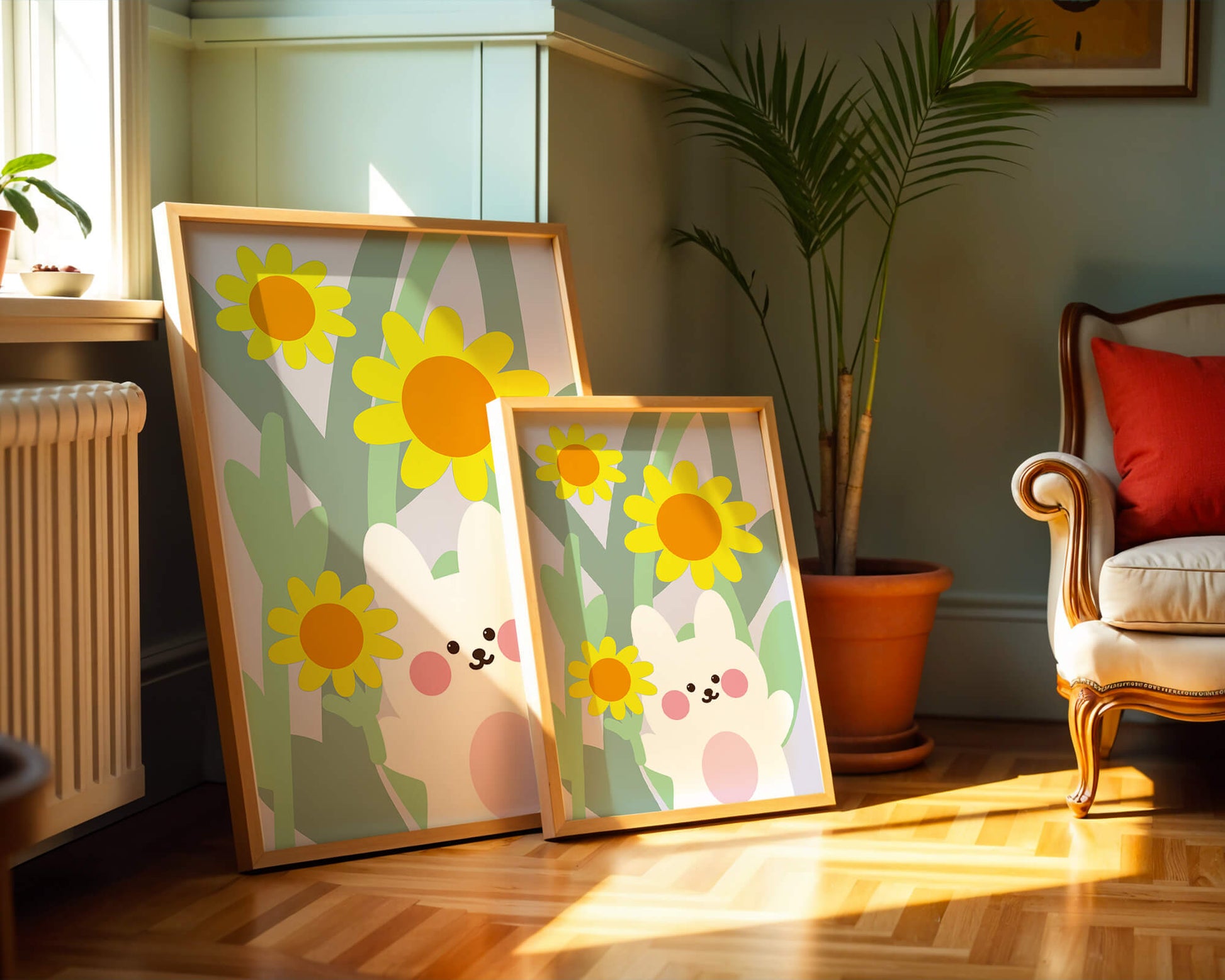 Adorable bunny with vibrant flowers cartoon illustration