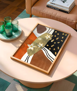Abstract floral artwork with gold accents and earthy tones