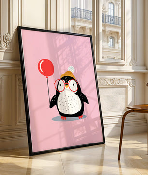 Ilustración adorable de un pingüino con globo y gafas