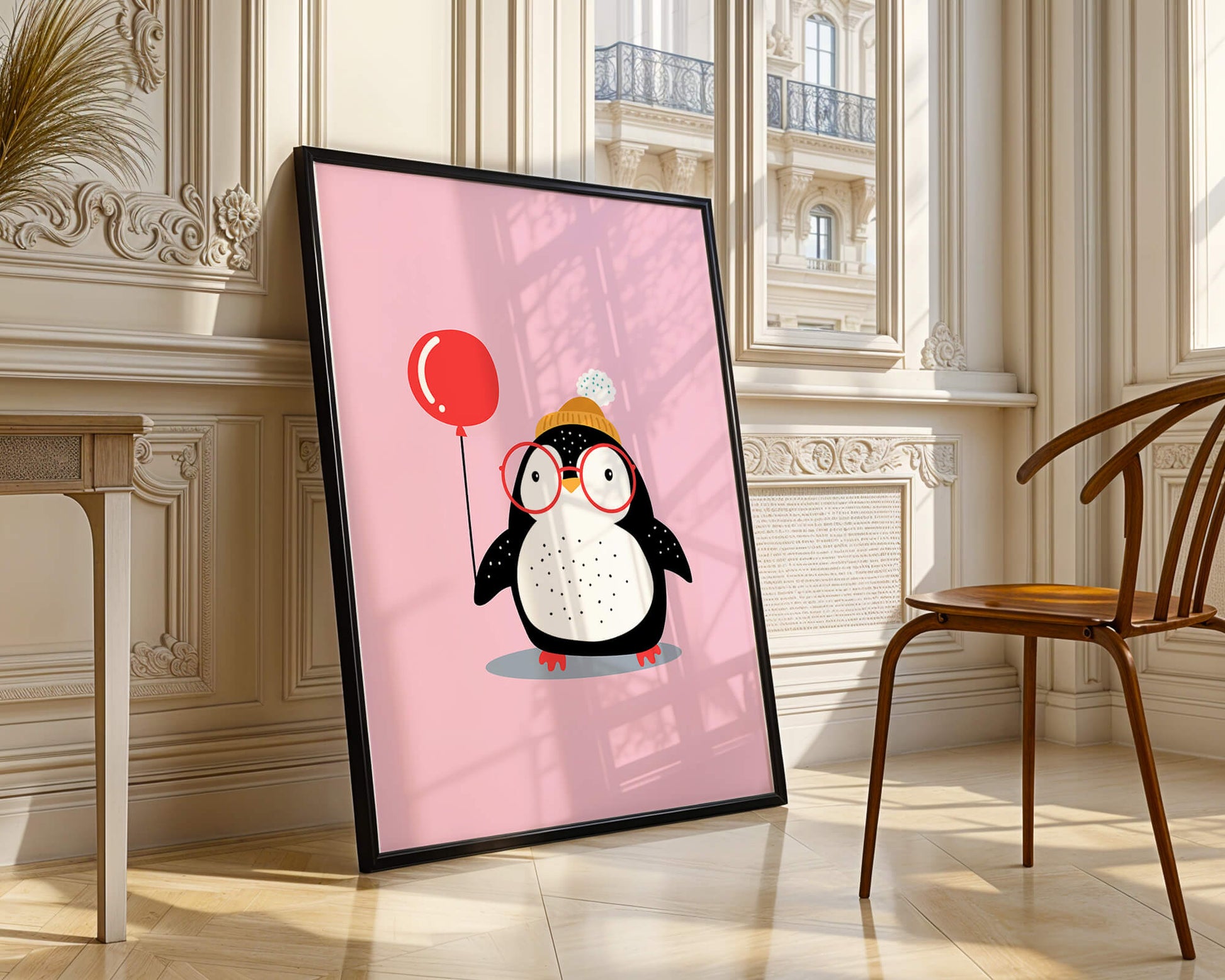 Adorable penguin with balloon and glasses illustration