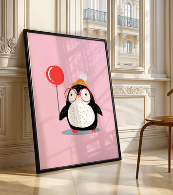 Adorable penguin with balloon and glasses illustration