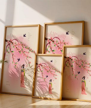 Art chinois traditionnel avec des fleurs de cerisier et une silhouette élégante