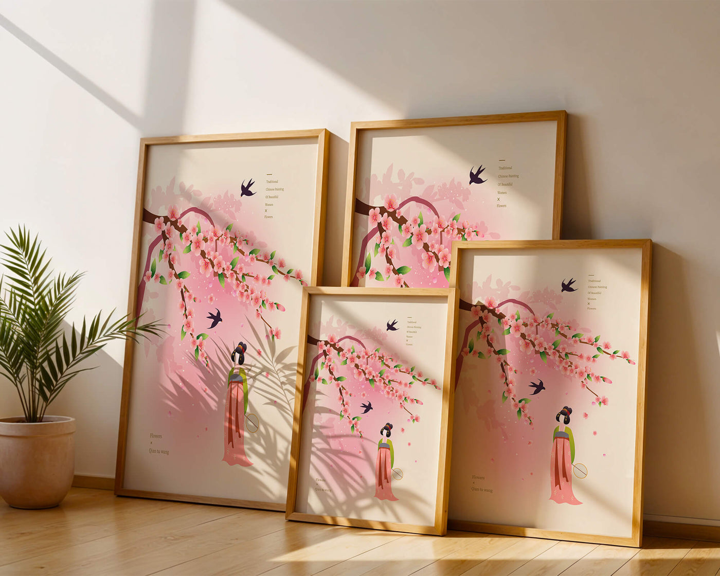 Traditional Chinese art with cherry blossoms and elegant figure