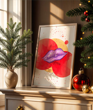 Vibrant Abstract Artwork Featuring Purple Lips on Watercolor Background