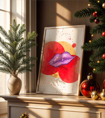 Vibrant Abstract Artwork Featuring Purple Lips on Watercolor Background