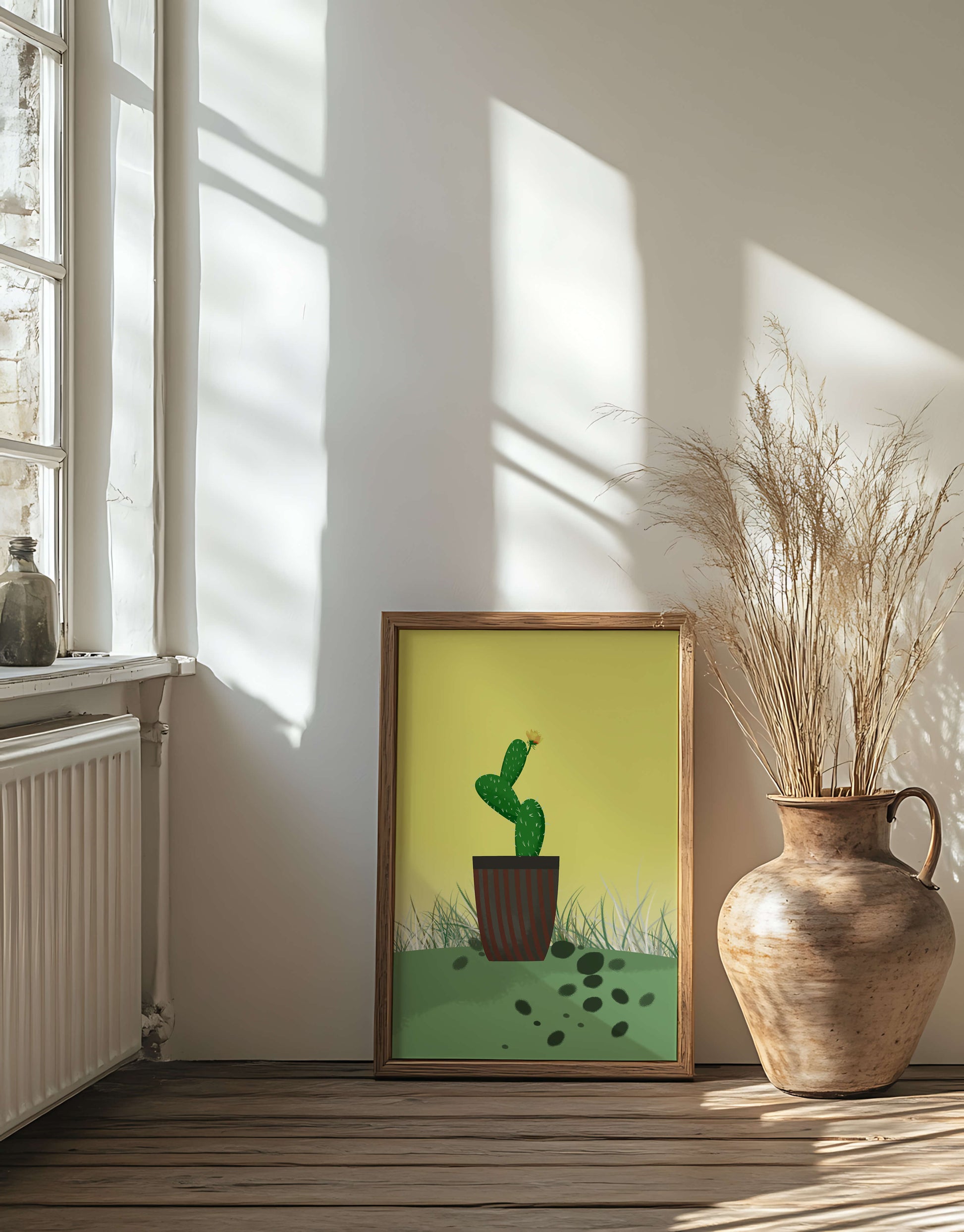 Illustration of a potted cactus with flower on soft background