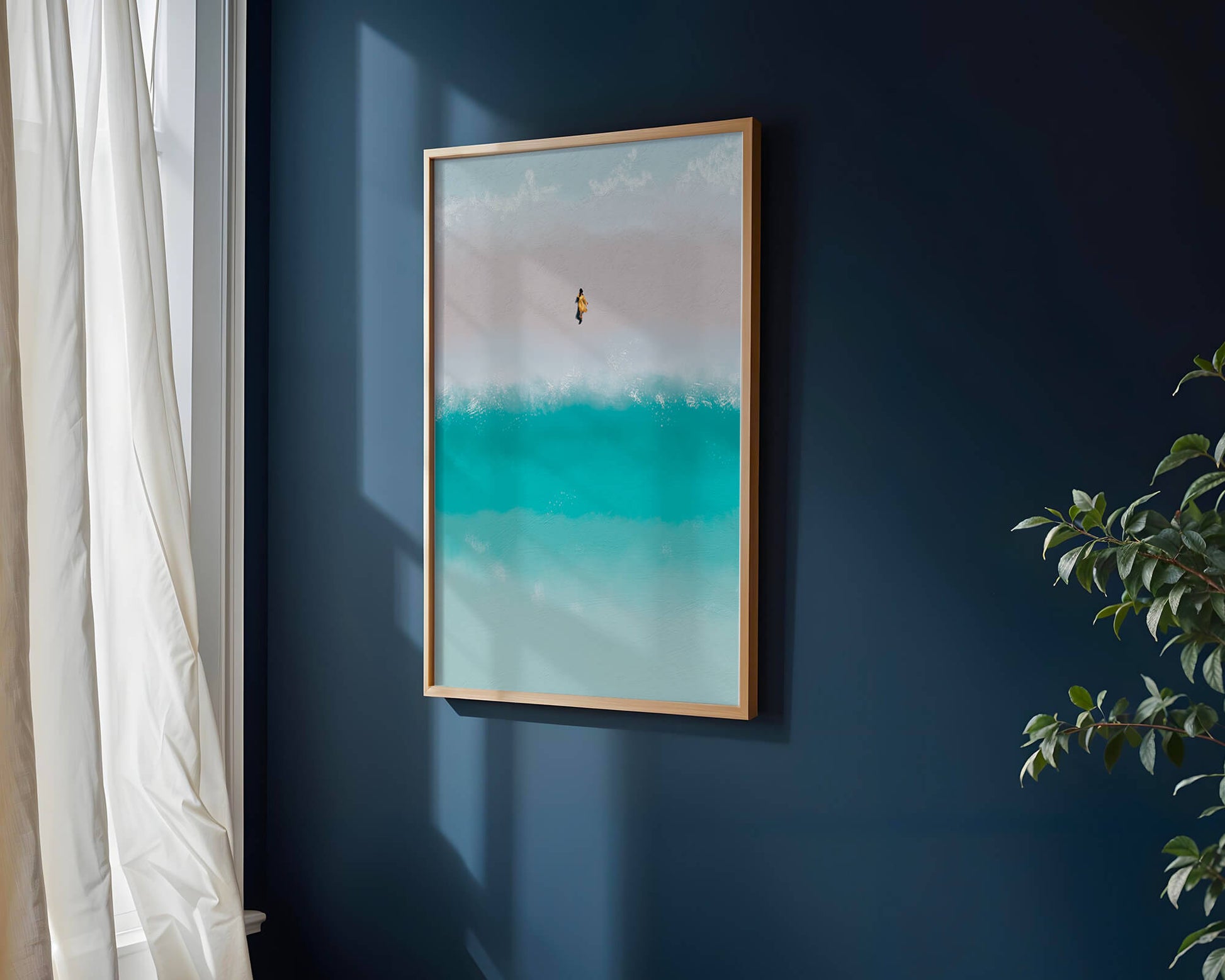 Serene beach with turquoise waves and solitary figure