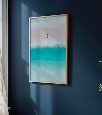 Serene beach with turquoise waves and solitary figure