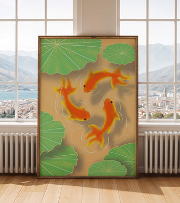 Tranquil pond scene with koi fish and lily pads