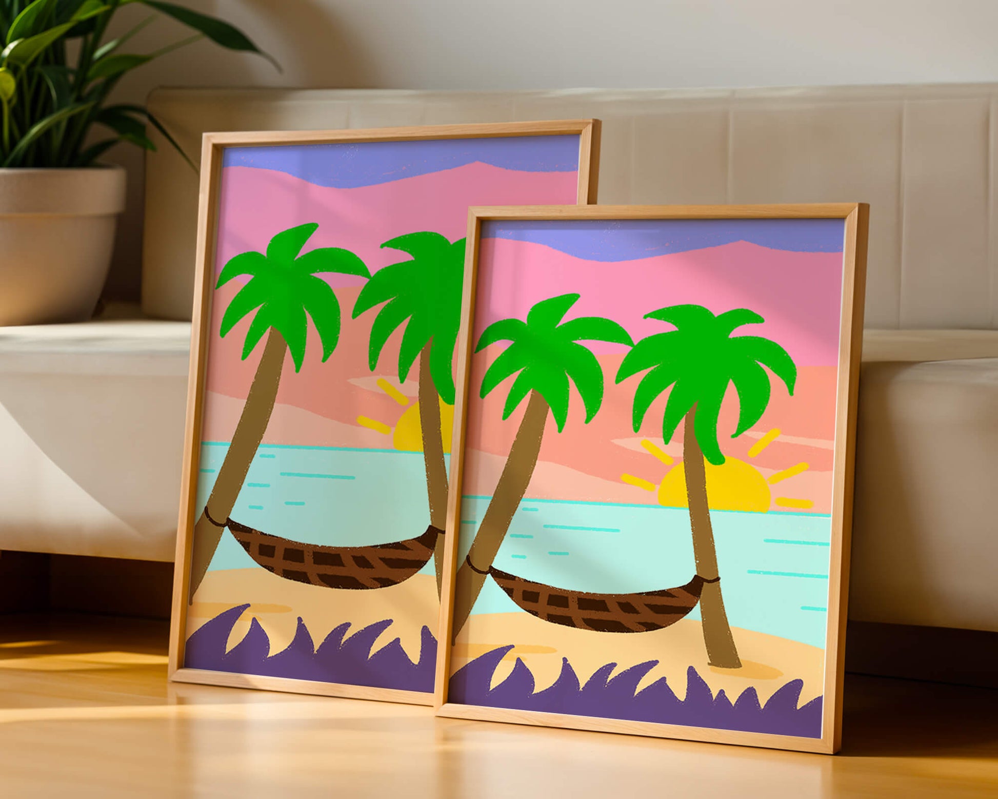 Tranquil beach scene with hammock and sunset