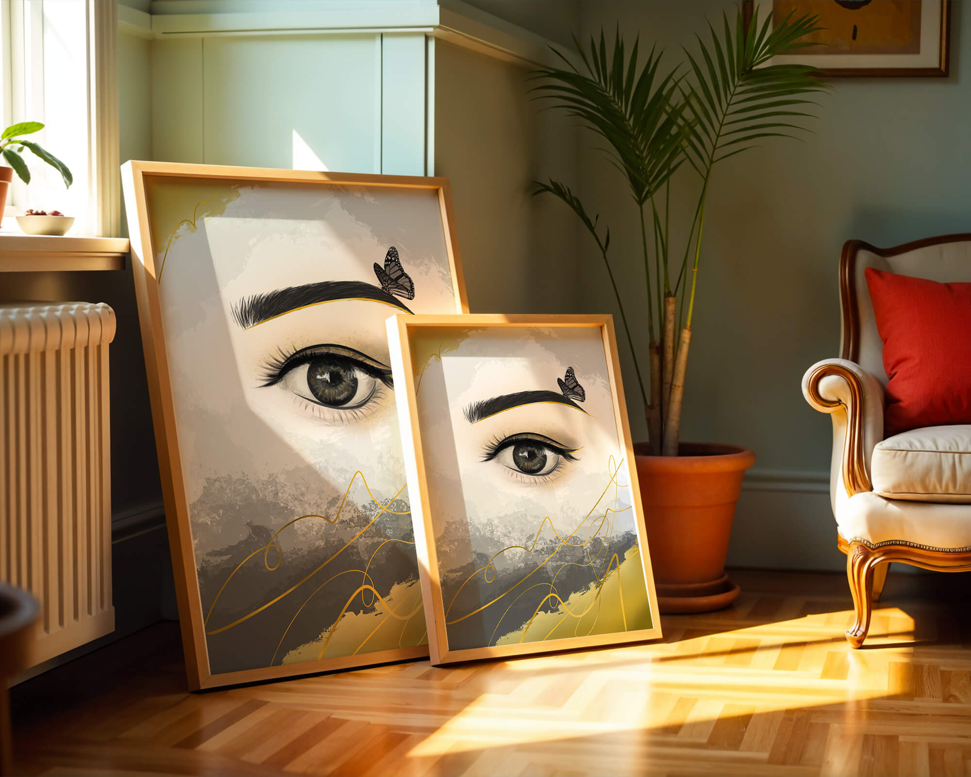 Artistic eye illustration with butterfly and abstract gold accents