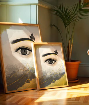 Artistic eye illustration with butterfly and abstract gold accents