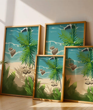 Serene tropical beach scene with lush greenery and calm waves