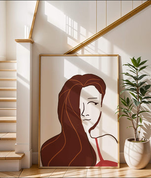 Ilustración estilizada de una mujer con cabello fluyendo y diseño minimalista