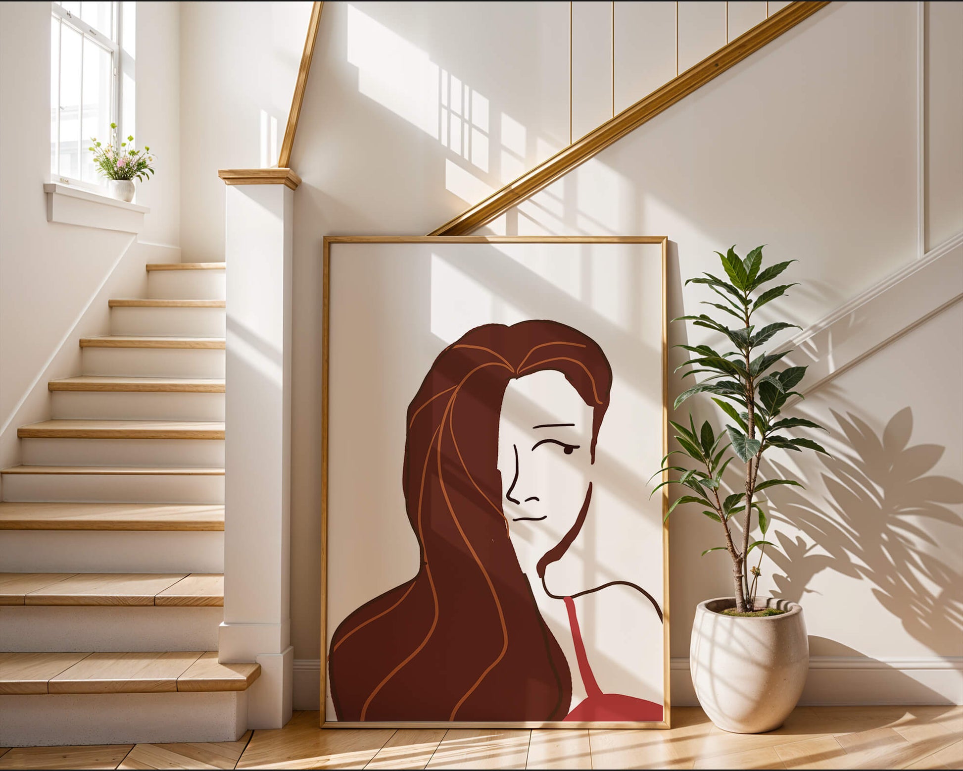 Ilustración estilizada de una mujer con cabello fluyendo y diseño minimalista