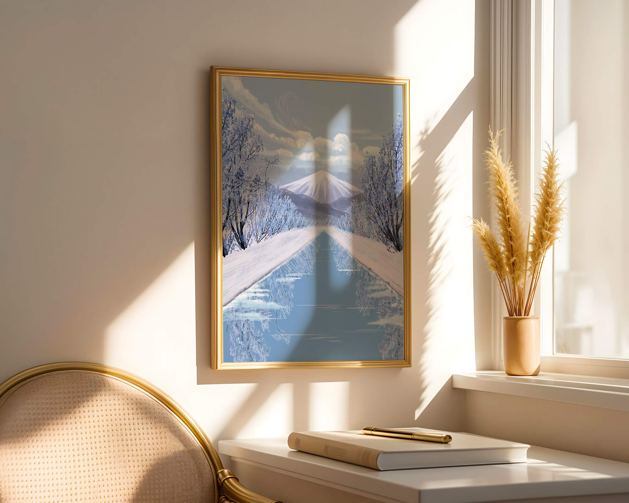 Serene winter landscape with mountain and snowy trees reflecting in water
