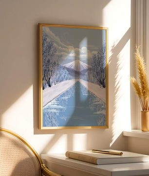 Serene winter landscape with mountain and snowy trees reflecting in water
