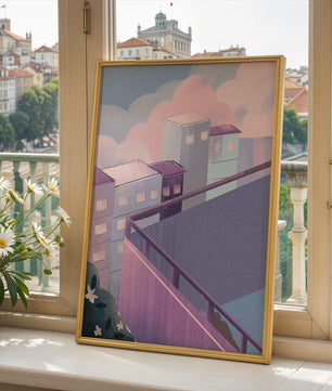 Urban Pastel Scene with Buildings and Pink Clouds