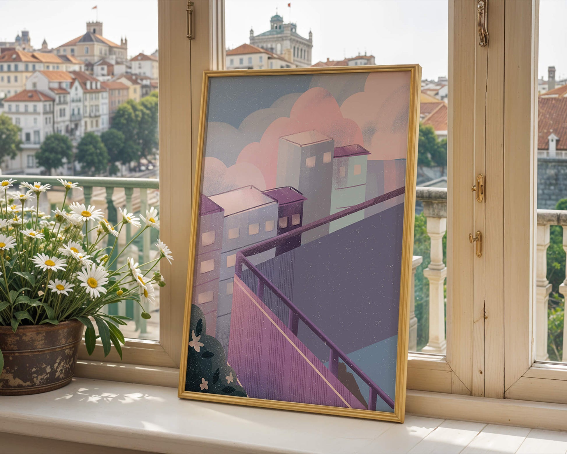 Urban Pastel Scene with Buildings and Pink Clouds