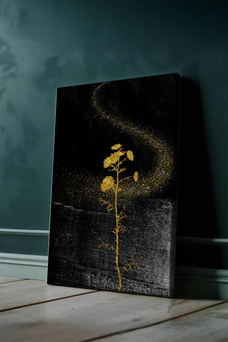 Golden Flowers on Black Background with Sparkling Dust