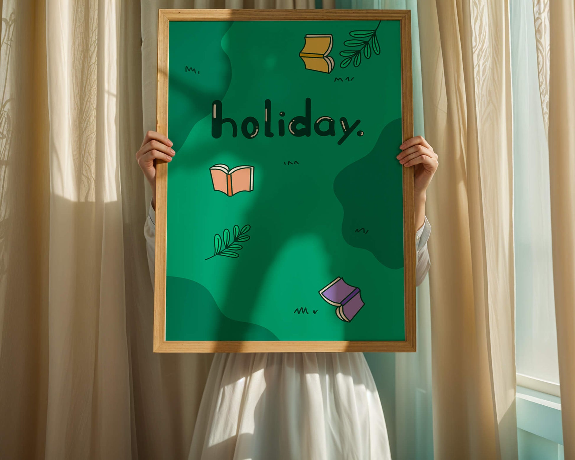 Colorful holiday-themed design with books and leaves