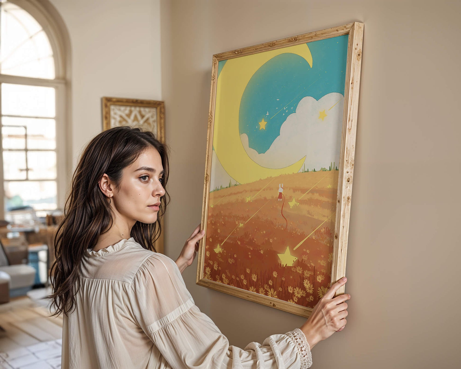 Dreamy Nighttime Landscape with Moon and Stars in a Field