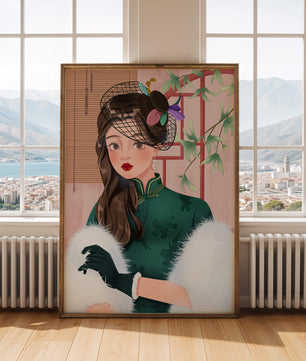 Elegant woman in vintage attire with netted hat and floral elements