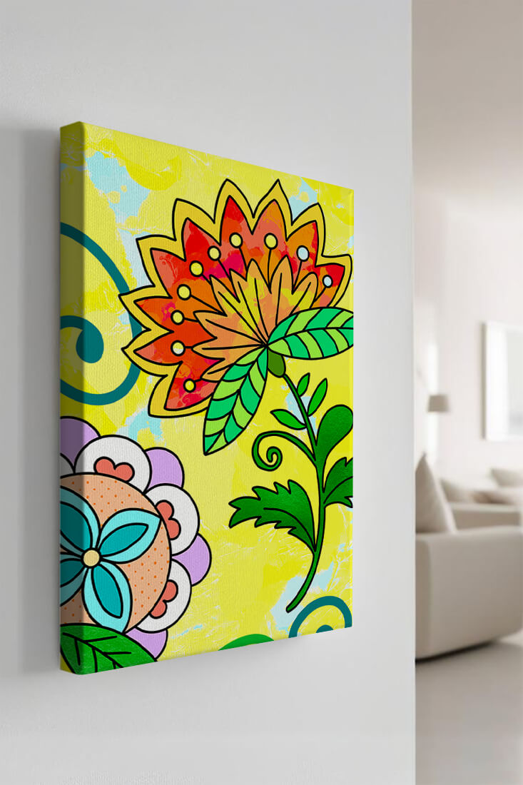 Colorful abstract floral illustration with bright yellow background