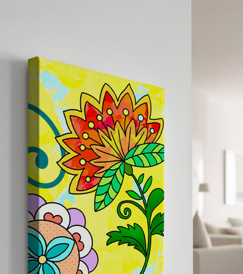 Colorful abstract floral illustration with bright yellow background