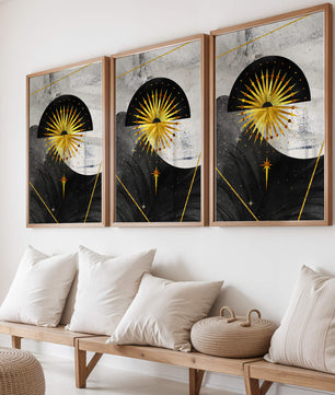 Abstract cosmic design featuring golden sunburst and celestial elements