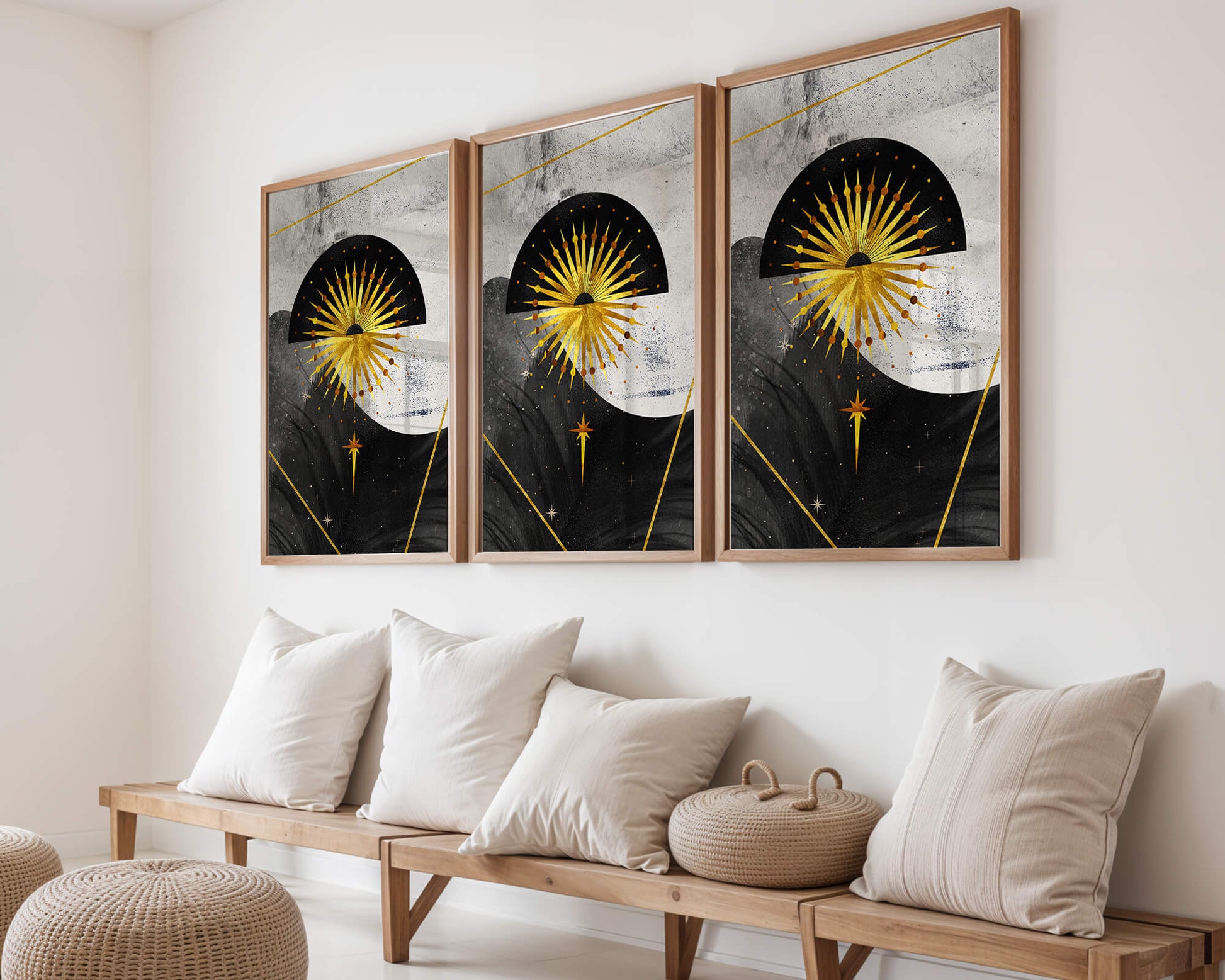 Abstract cosmic design featuring golden sunburst and celestial elements