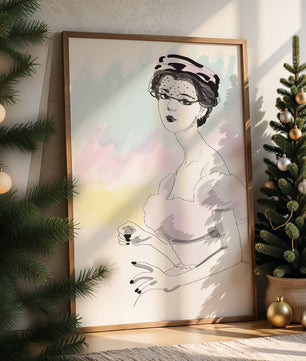 Elegant Woman in Vintage Fashion with Veil Hat and Pastel Background - Mi tienda