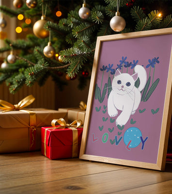 Charming illustration of a white cat in a floral field with playful text
