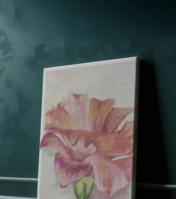 Vibrant pink flower with golden accents in abstract style