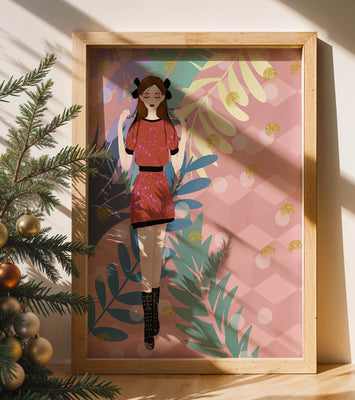 Stylish illustration of a woman with botanical elements and geometric background
