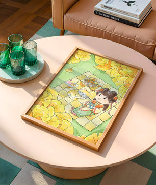 Charming autumn picnic scene with girl and cat surrounded by ginkgo leaves