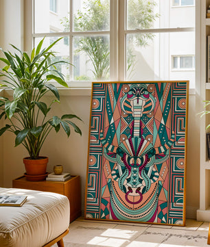 Arte tribal geométrico con motivos de serpiente y toro