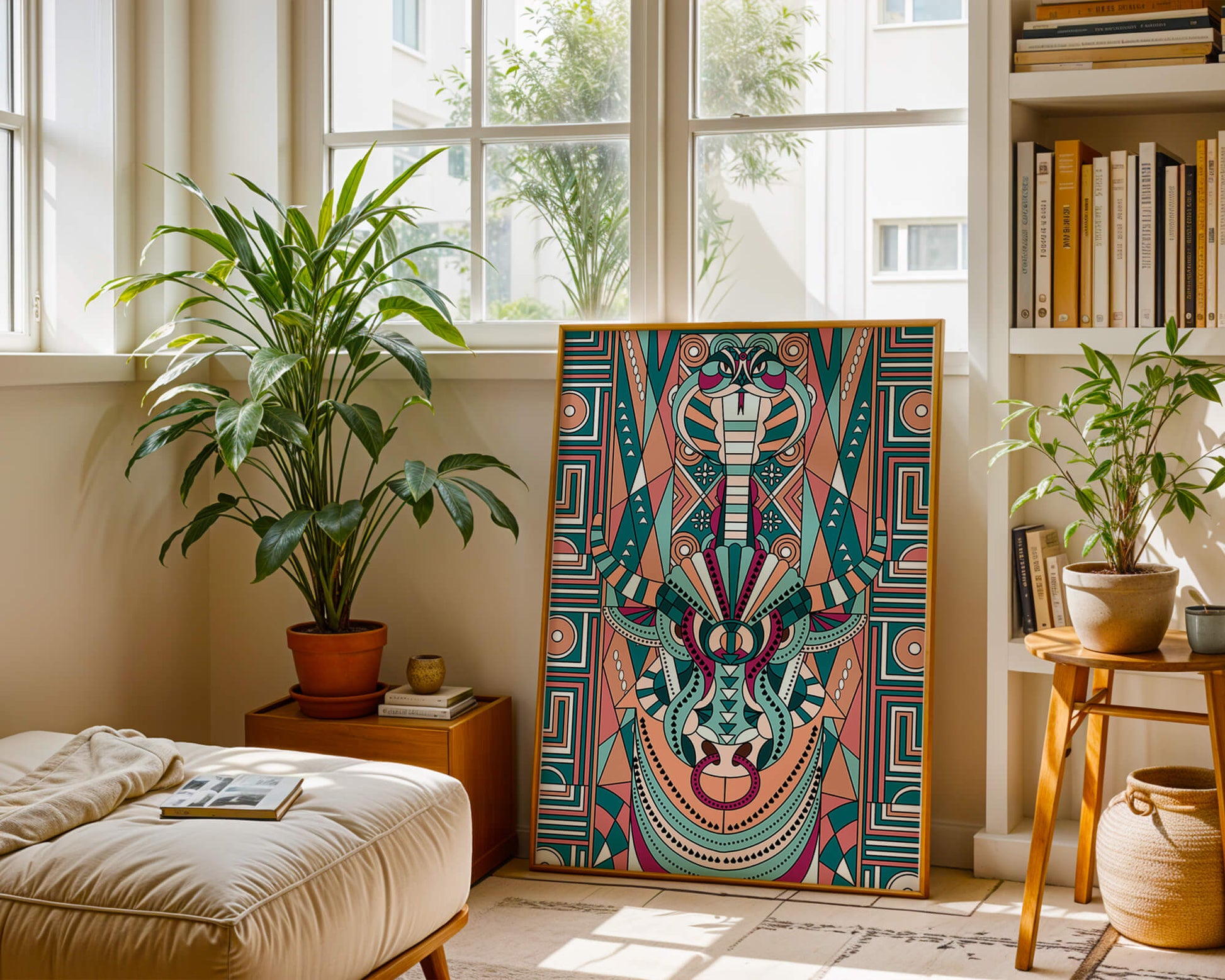 Arte tribal geométrico con motivos de serpiente y toro