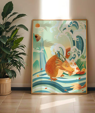Dragon mythique au milieu de vagues stylisées et de montagnes aux couleurs vives