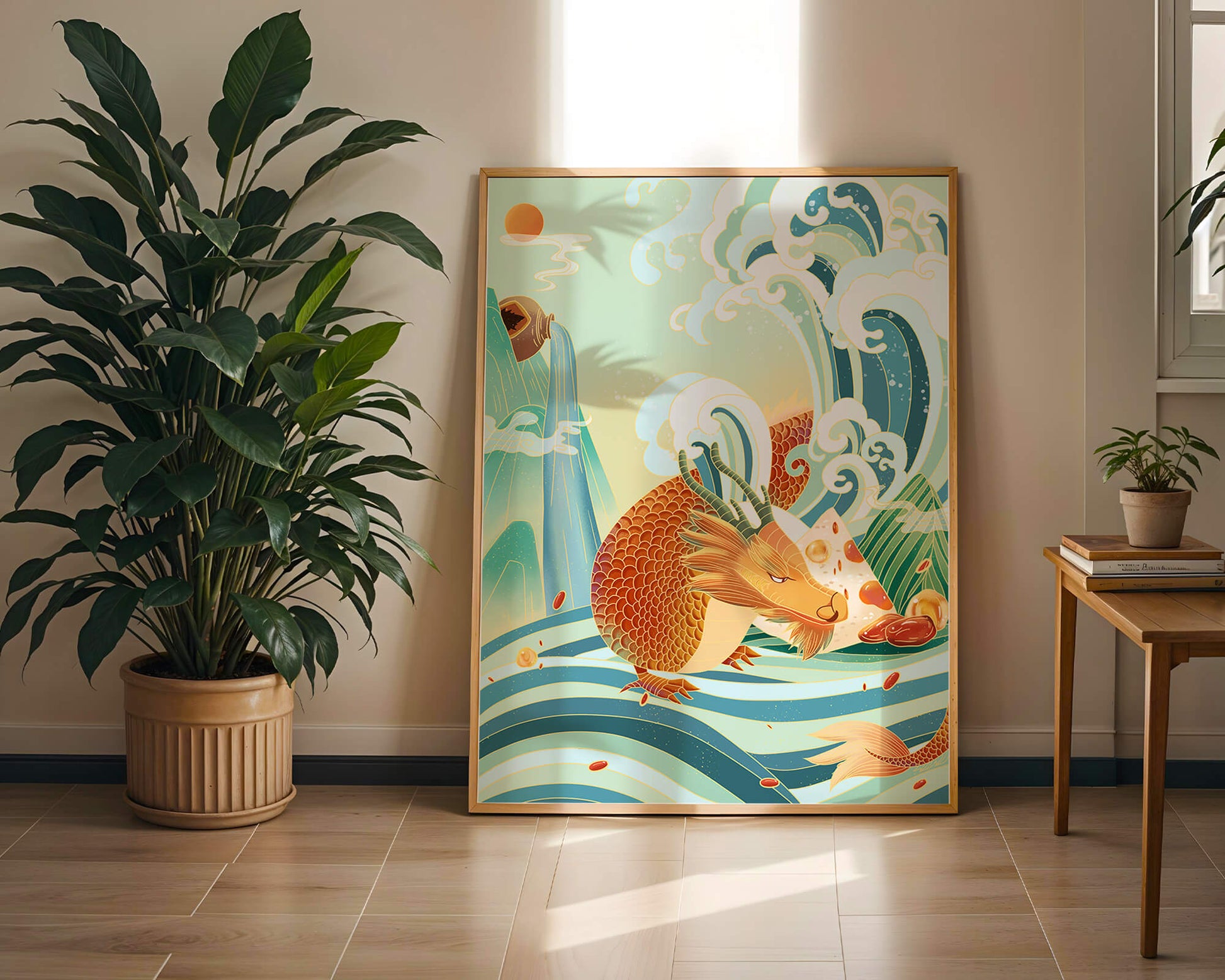 Mythical dragon amidst stylized waves and mountains in vibrant colors