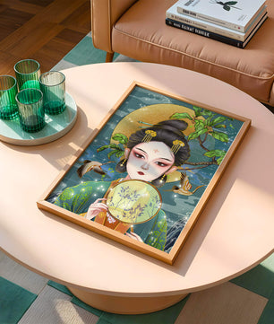 Elegante representación de una mujer con atuendo tradicional sosteniendo un abanico decorativo