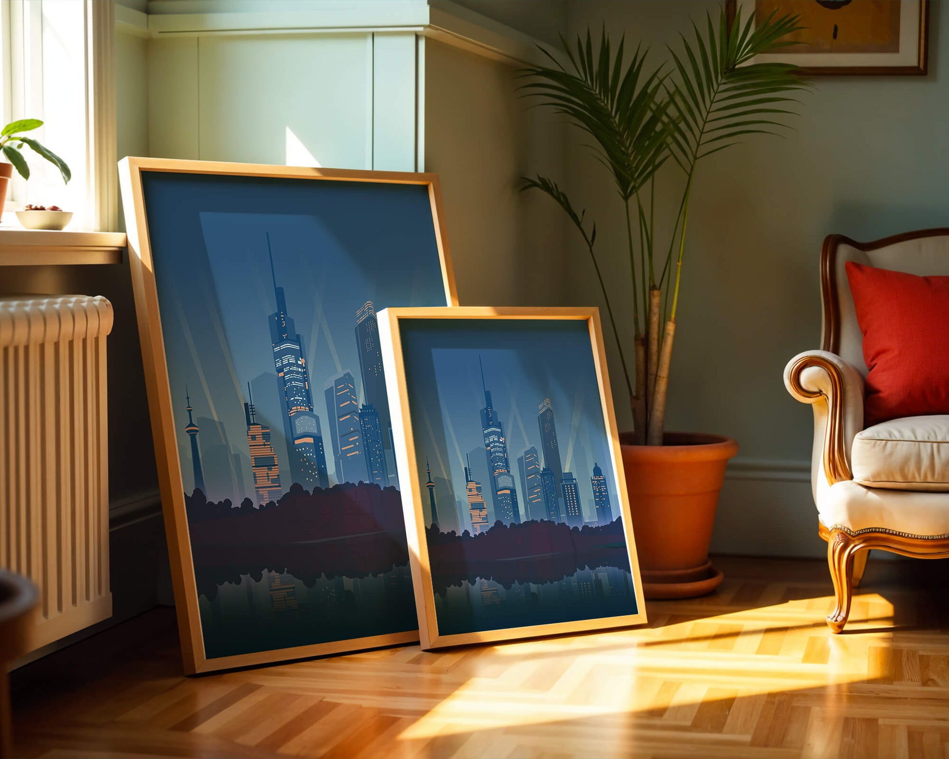 Modern cityscape with illuminated skyscrapers reflecting on water