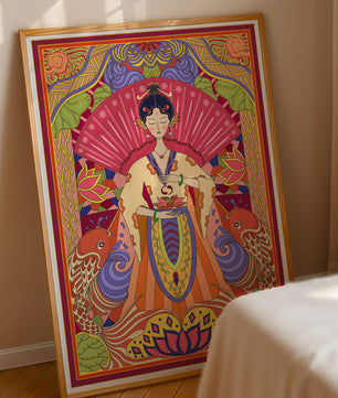 Ilustración oriental colorida con motivos de peces koi y loto